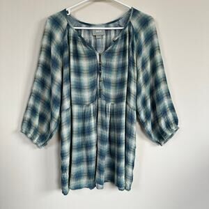 Anthropologie Maeve Pop Over Shirt Women LARGE Boho Blue Plaid Henley Top